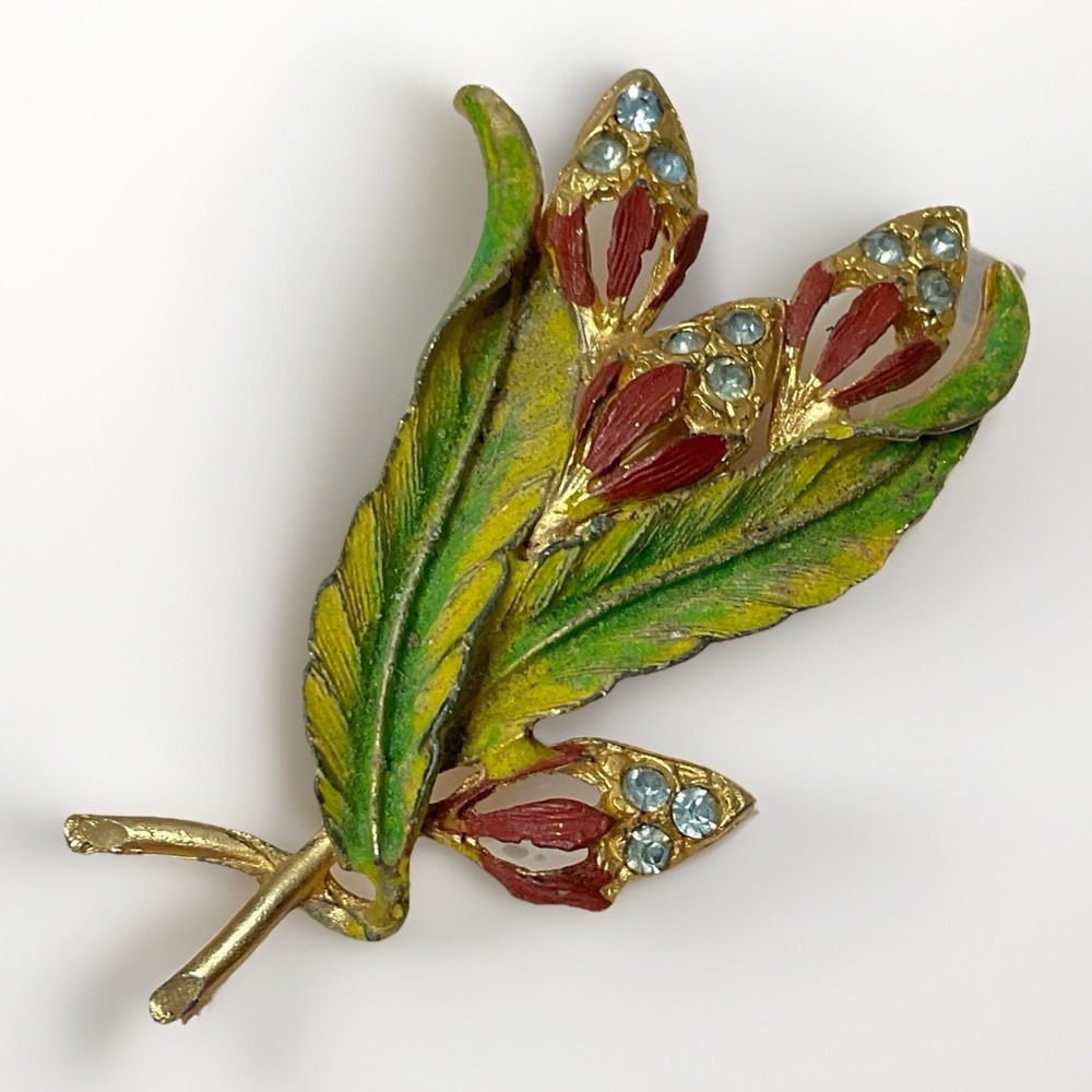 Vintage Enamel Floral Brooch Rhinestone Gold Tone Mid Century English Garden